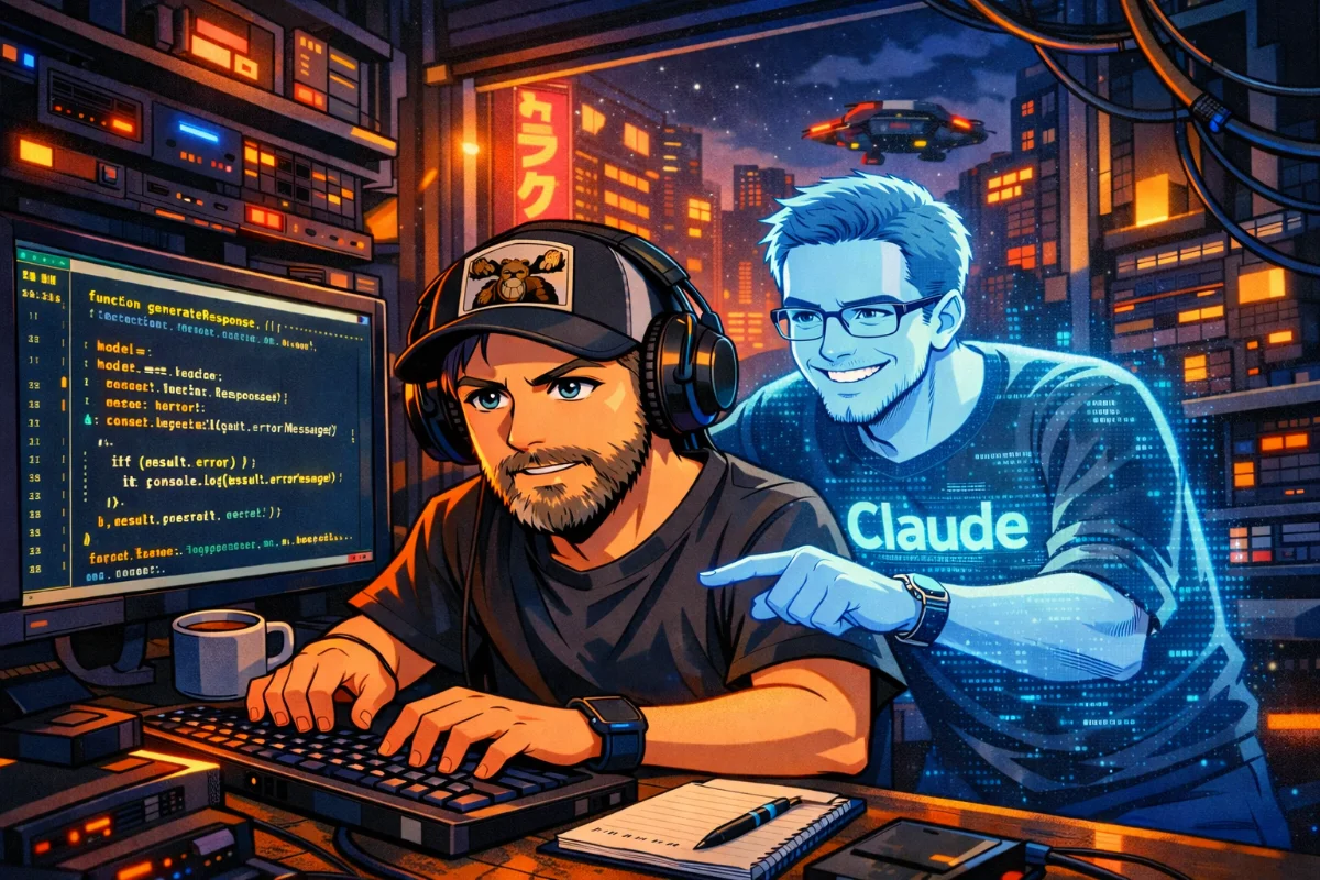 Me and Claude programming together in the stlye of cyber punk. Claude has a Claude Code logo on the T-Shirt