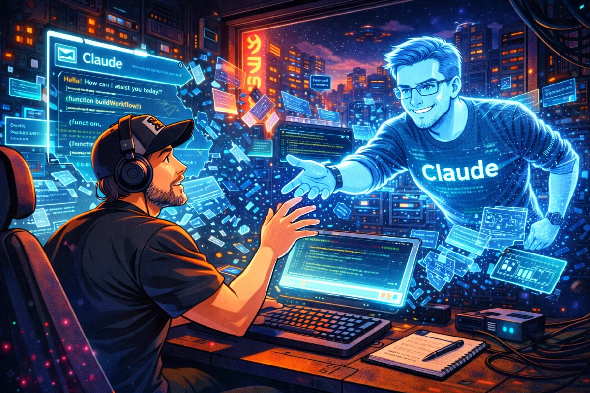Cyberpunk digital art of a man interacting with a glowing AI named Claude, surrounded by code and data against a neon city backdrop