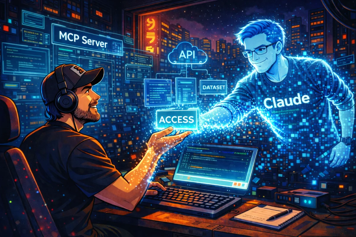 Cyberpunk digital art of a programmer interacting with a Claude avatar, receiving access to MCP servers, APIs, and datasets