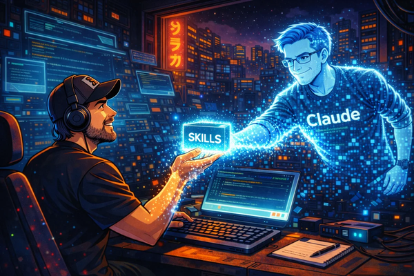 Cyberpunk digital art of a man receiving a glowing Skills box from a blue digital avatar of Claude in a futuristic tech setting