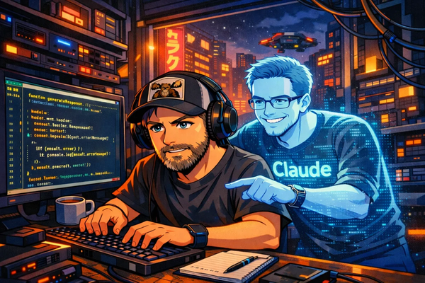 Me and Claude programming together in the stlye of cyber punk. Claude has a Claude Code logo on the T-Shirt